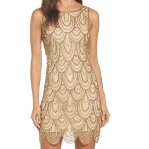Adrianna Pappell Gold Beaded Shift Dress - Size 4. Like new